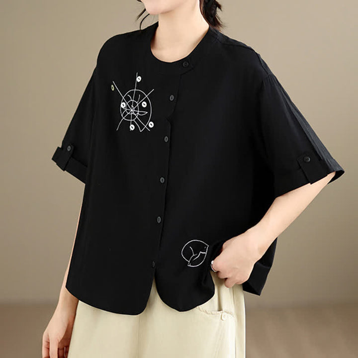 Buddha Stones Chemises à manches courtes pour femmes, style géométrique, brodées, minimalistes et décontractées, avec motifs d'escargots et boutons. - image 11