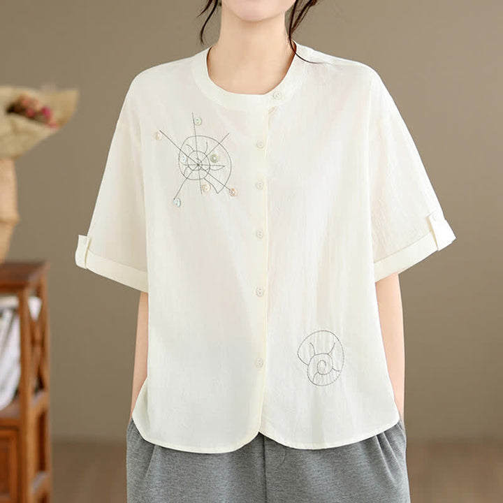 Buddha Stones Chemises à manches courtes pour femmes, style géométrique, brodées, minimalistes et décontractées, avec motifs d'escargots et boutons. - Blanc antique - US8-10, UK/AU12-14, EU40-42 (2XL) - image 16