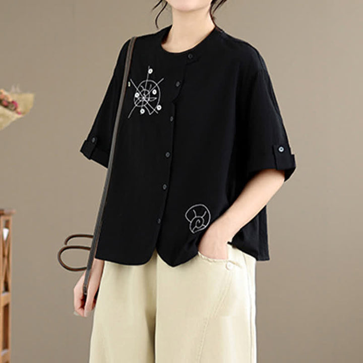 Buddha Stones Chemises à manches courtes pour femmes, style géométrique, brodées, minimalistes et décontractées, avec motifs d'escargots et boutons. - image 15