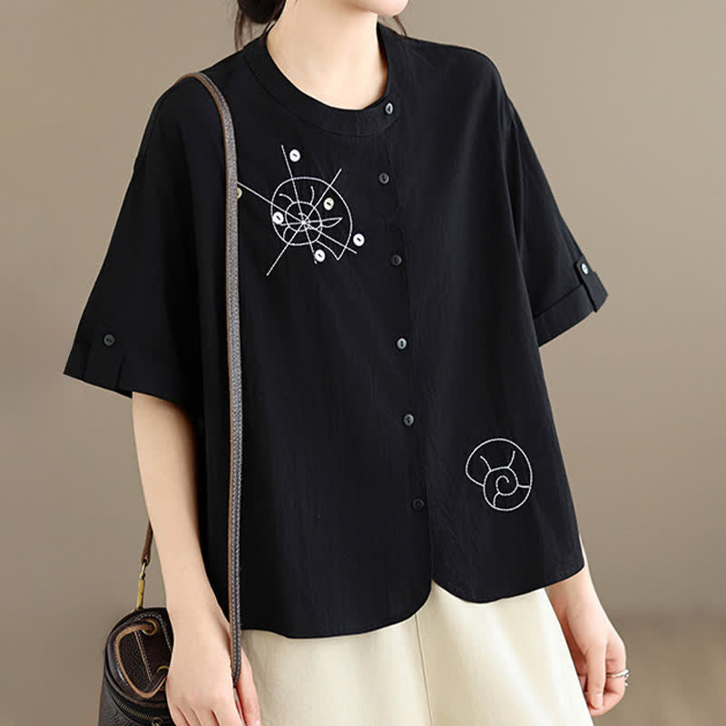 Buddha Stones Chemises à manches courtes pour femmes, style géométrique, brodées, minimalistes et décontractées, avec motifs d'escargots et boutons. - image 14