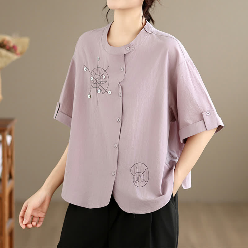 Buddha Stones Chemises à manches courtes pour femmes, style géométrique, brodées, minimalistes et décontractées, avec motifs d'escargots et boutons. - Chardon - US8-10, UK/AU12-14, EU40-42 (2XL) - image 0