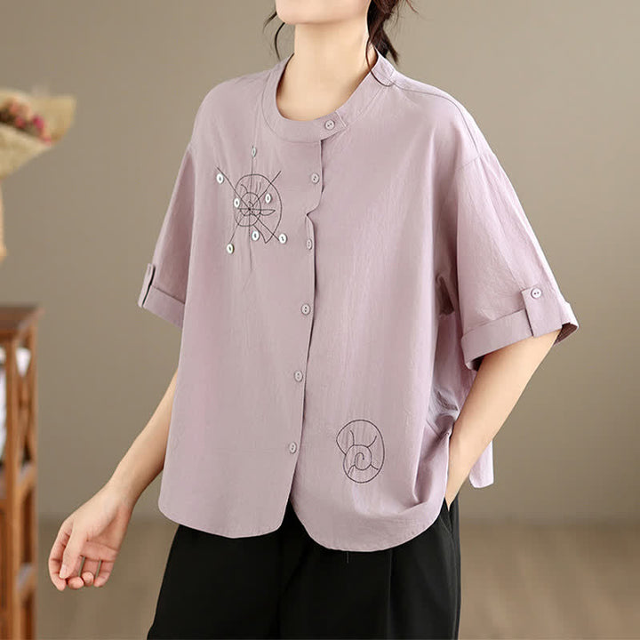 Buddha Stones Chemises à manches courtes pour femmes, style géométrique, brodées, minimalistes et décontractées, avec motifs d'escargots et boutons. - Chardon - US8-10, UK/AU12-14, EU40-42 (2XL) - image 0