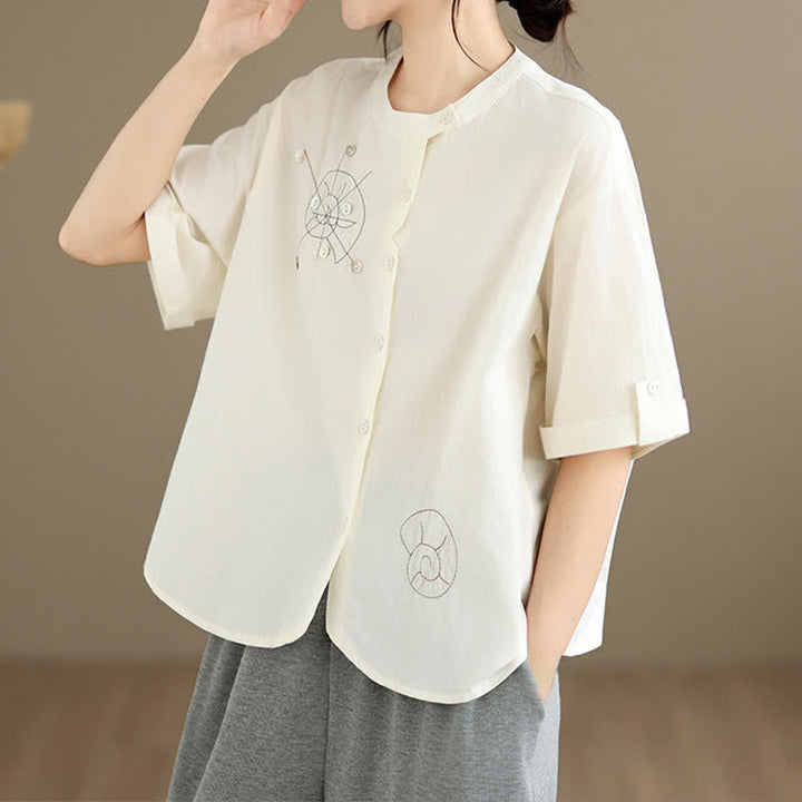 Buddha Stones Chemises à manches courtes pour femmes, style géométrique, brodées, minimalistes et décontractées, avec motifs d'escargots et boutons. - image 20