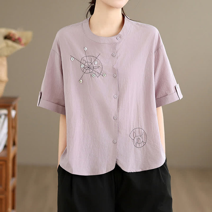 Buddha Stones Chemises à manches courtes pour femmes, style géométrique, brodées, minimalistes et décontractées, avec motifs d'escargots et boutons. - image 2