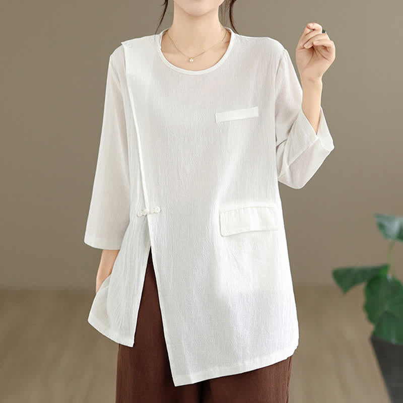 Buddha Stones T-shirt à manches longues pour femme, style Tang, fente latérale, col rond, couleur unie, avec poche - Blanc - US12, UK/AU16, EU44 (3XL) - image 0