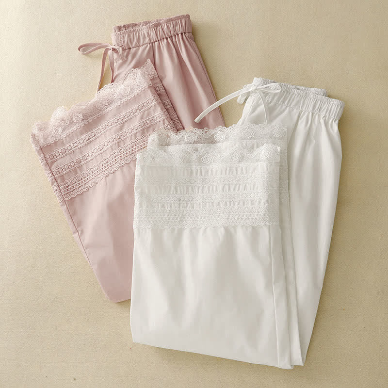 Buddha Stones Pantalon d'été élégant et décontracté pour femme, à ourlet cheville bordé de dentelle et cordon de serrage. - image 16
