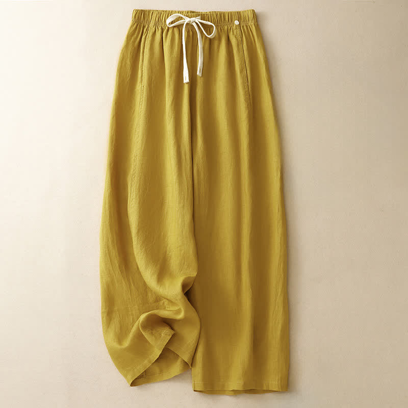Buddha Stones Pantalon d'été minimaliste décontracté à cordon de serrage, coupe droite, avec poches, longueur cheville. - verge d'or - US8-10, UK/AU12-14, EU40-42 (2XL) - image 0