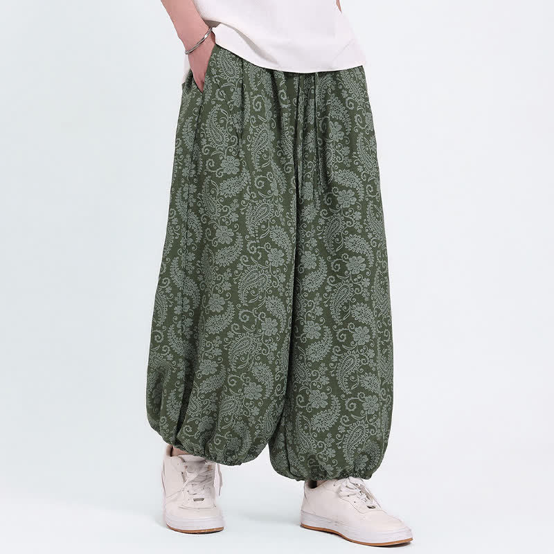 Buddha Stones Pantalon Capri bohème décontracté d'été à cordon de serrage et motif cachemire, style sarouel, avec poches - Vert olive - US/UK/AU46, EU56 (5XL) - image 0