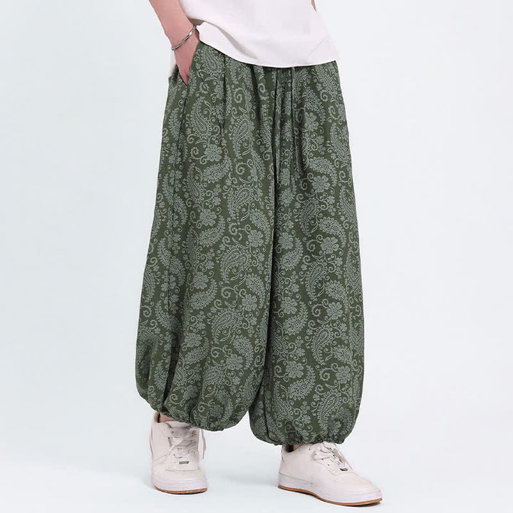 Buddha Stones Pantalon Capri bohème décontracté d'été à cordon de serrage et motif cachemire, style sarouel, avec poches - Vert olive - US/UK/AU46, EU56 (5XL) - image 0