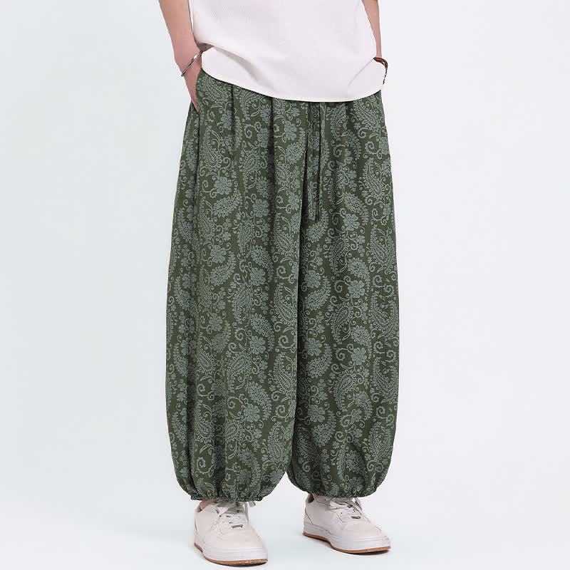 Buddha Stones Pantalon Capri bohème décontracté d'été à cordon de serrage et motif cachemire, style sarouel, avec poches - image 1