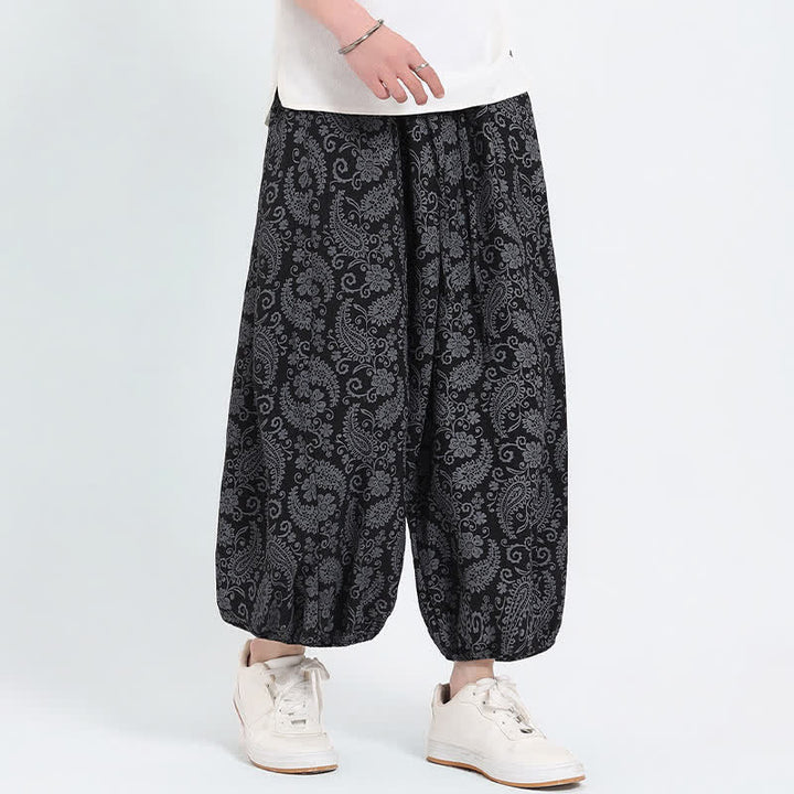 Buddha Stones Pantalon Capri bohème décontracté d'été à cordon de serrage et motif cachemire, style sarouel, avec poches - Noir - US/UK/AU46, EU56 (5XL) - image 6