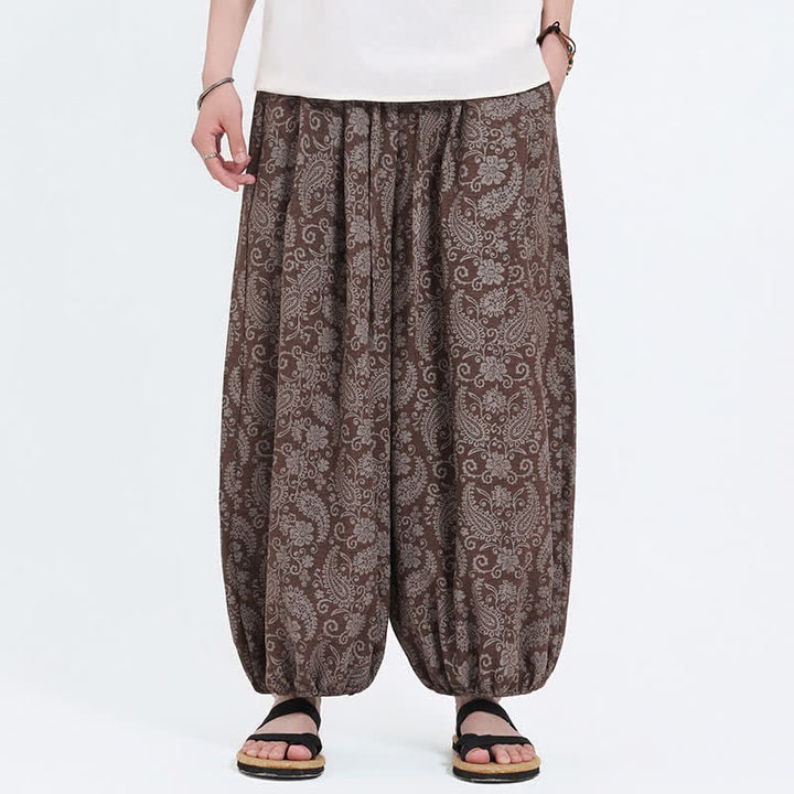 Buddha Stones Pantalon Capri bohème décontracté d'été à cordon de serrage et motif cachemire, style sarouel, avec poches - Terre de sienne - US/UK/AU46, EU56 (5XL) - image 13