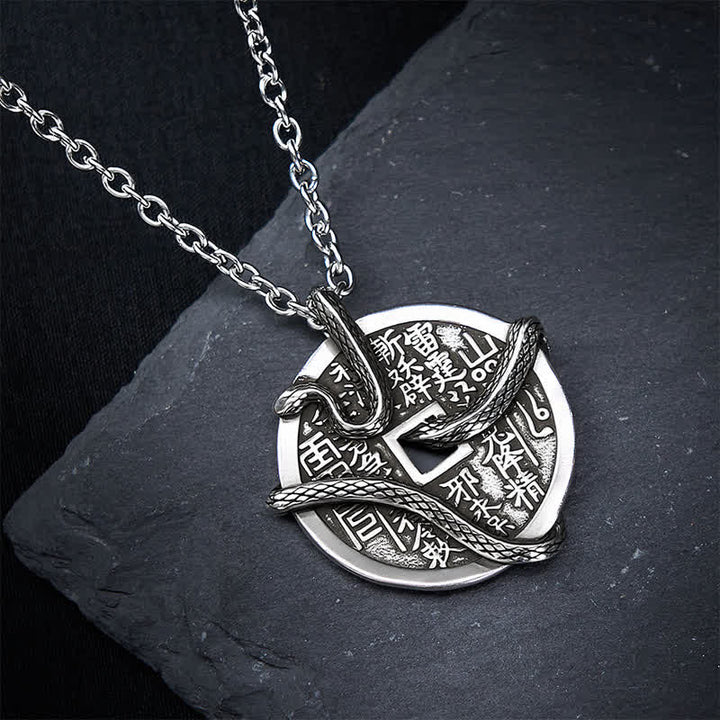Buddha Stones Collier en cuivre plaqué argent avec des fantômes de la montagne et un serpent enroulé autour d'une pièce de cuivre. - image 3