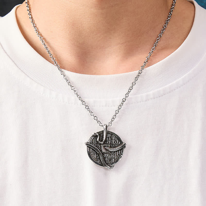 Buddha Stones Collier en cuivre plaqué argent avec des fantômes de la montagne et un serpent enroulé autour d'une pièce de cuivre. - image 5