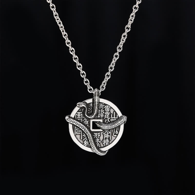 Buddha Stones Collier en cuivre plaqué argent avec des fantômes de la montagne et un serpent enroulé autour d'une pièce de cuivre. - image 2