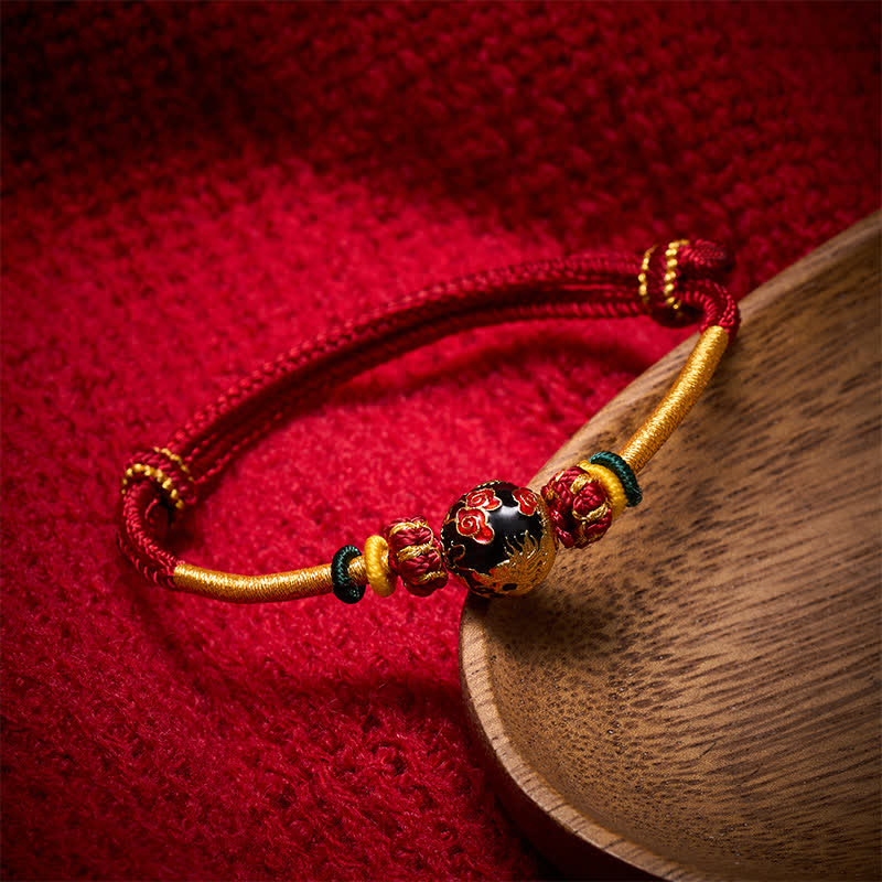 Buddha Stones Bracelet tressé résistant avec perle de dragon en cuivre et fil rouge - Cordon rouge foncé (Tour de poignet : 15–20 cm) - Perle du Dragon Noir - image 0