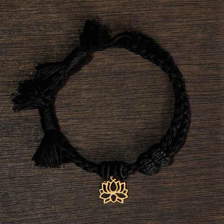 Buddha Stones Bracelet en cuivre, lotus et cordon rouge, symbole de nouveau départ - Cordon noir (Tour de poignet : 14–17 cm) - LOTUS - image 15