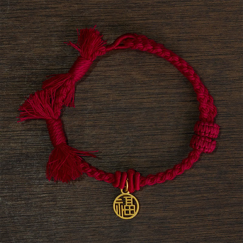 Buddha Stones Bracelet en cuivre, lotus et cordon rouge, symbole de nouveau départ - Cordon rouge foncé (Tour de poignet : 14–17 cm) - PERSONNAGE FU - image 6