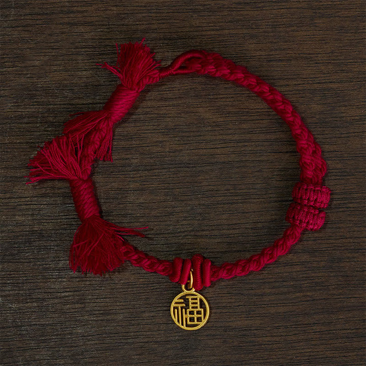 Buddha Stones Bracelet en cuivre, lotus et cordon rouge, symbole de nouveau départ - Cordon rouge foncé (Tour de poignet : 14–17 cm) - PERSONNAGE FU - image 6