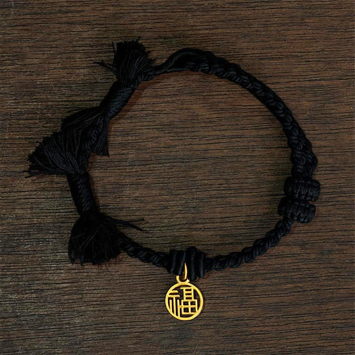 Buddha Stones Bracelet en cuivre, lotus et cordon rouge, symbole de nouveau départ - Cordon noir (Tour de poignet : 14–17 cm) - PERSONNAGE FU - image 17