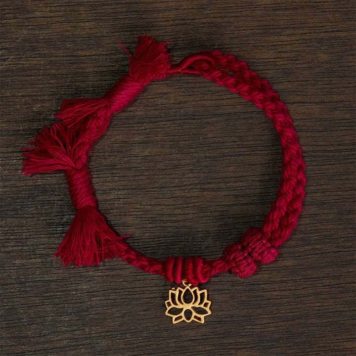 Buddha Stones Bracelet en cuivre, lotus et cordon rouge, symbole de nouveau départ - Cordon rouge foncé (Tour de poignet : 14–17 cm) - LOTUS - image 0