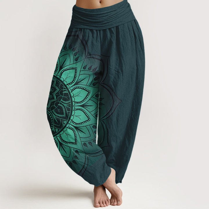 Buddha Stones Pantalon harem pour femme en coton à motif mandala symétrique et taille élastique - Sarcelle - US16，UK/AU20，EU48 (3XL) - image 5