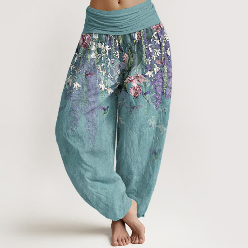 Buddha Stones Pantalon harem femme en pur coton à motif orchidées et oiseaux, taille élastique - Turquoise moyen - US16，UK/AU20，EU48 (3XL) - image 0