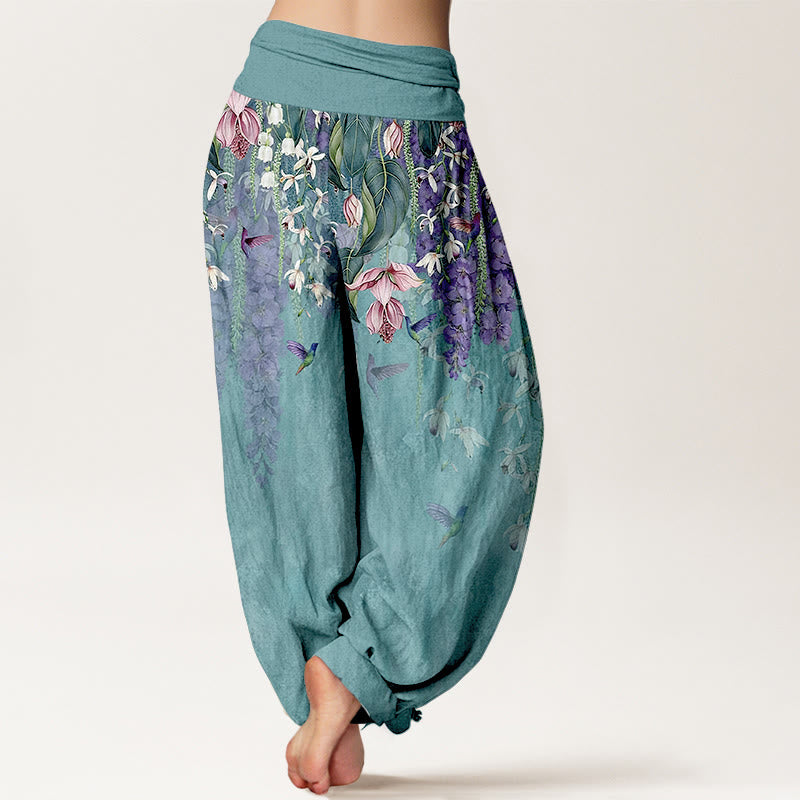 Buddha Stones Pantalon harem femme en pur coton à motif orchidées et oiseaux, taille élastique - image 1