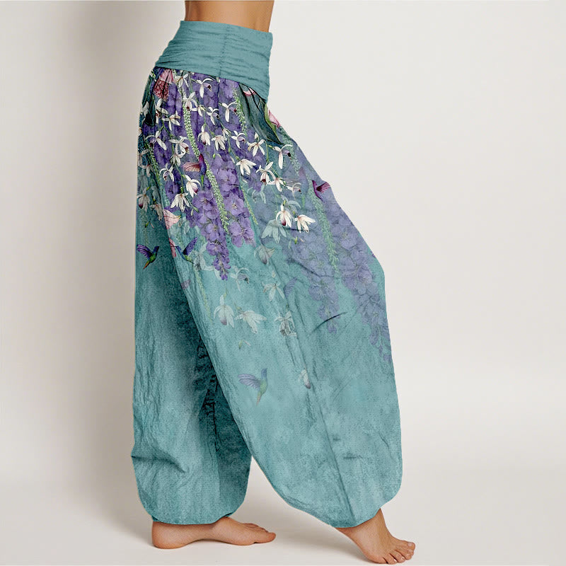 Buddha Stones Pantalon harem femme en pur coton à motif orchidées et oiseaux, taille élastique - image 2