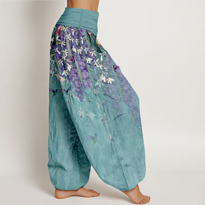 Buddha Stones Pantalon harem femme en pur coton à motif orchidées et oiseaux, taille élastique - image 2