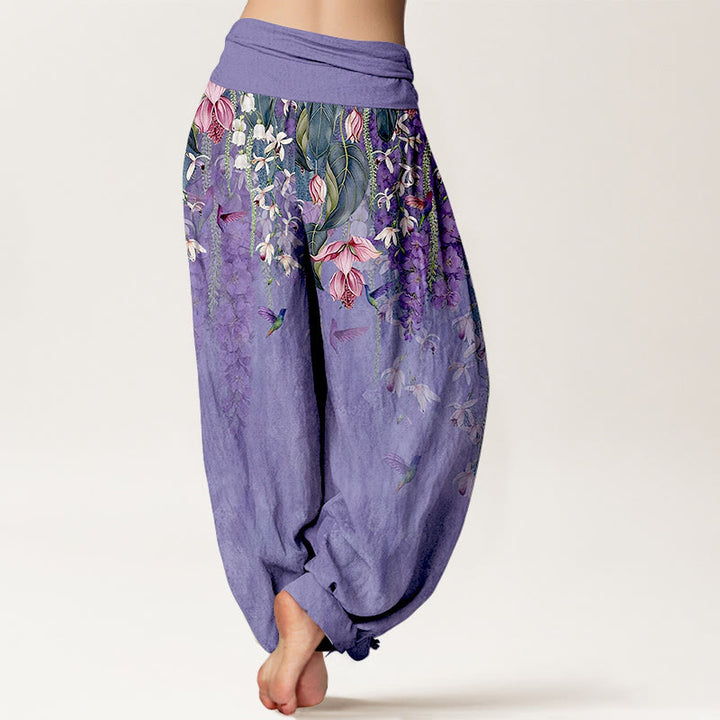 Buddha Stones Pantalon harem femme en pur coton à motif orchidées et oiseaux, taille élastique - image 6