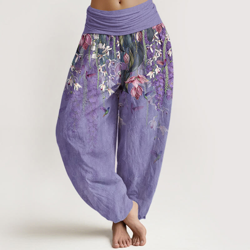 Buddha Stones Pantalon harem femme en pur coton à motif orchidées et oiseaux, taille élastique - Violet moyen - US16，UK/AU20，EU48 (3XL) - image 5