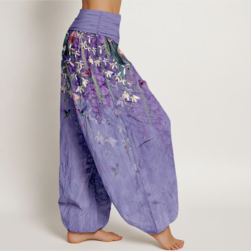Buddha Stones Pantalon harem femme en pur coton à motif orchidées et oiseaux, taille élastique - image 7