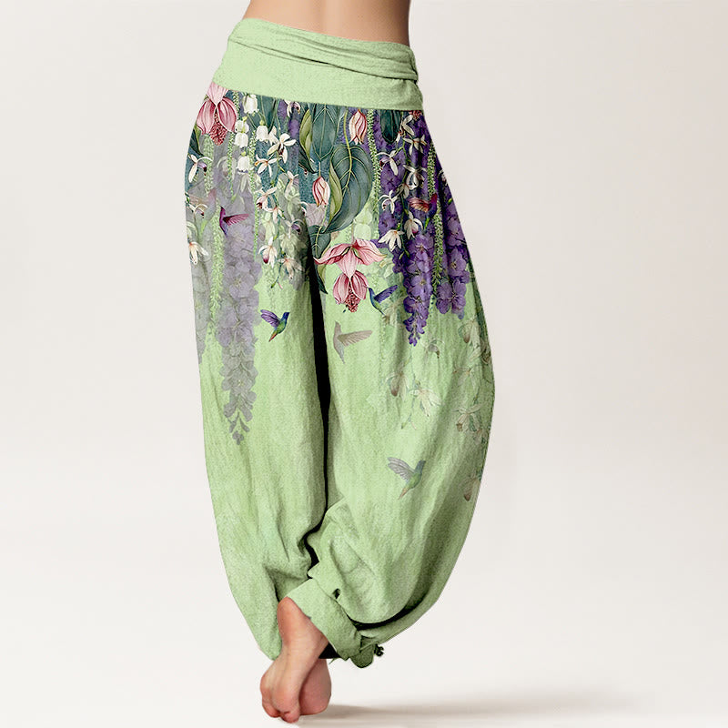 Buddha Stones Pantalon harem femme en pur coton à motif orchidées et oiseaux, taille élastique - image 9