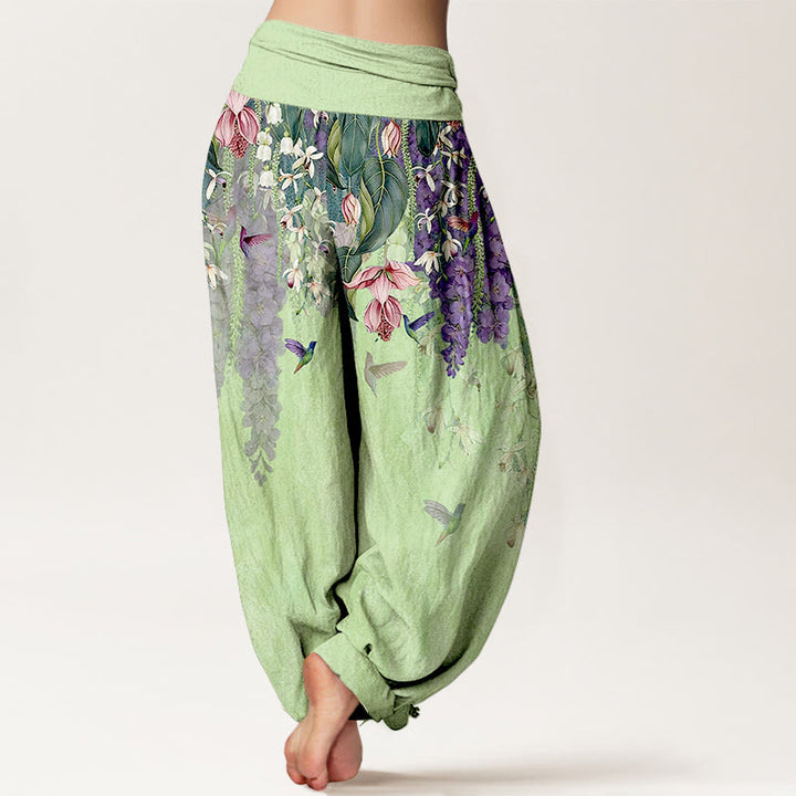 Buddha Stones Pantalon harem femme en pur coton à motif orchidées et oiseaux, taille élastique - image 9