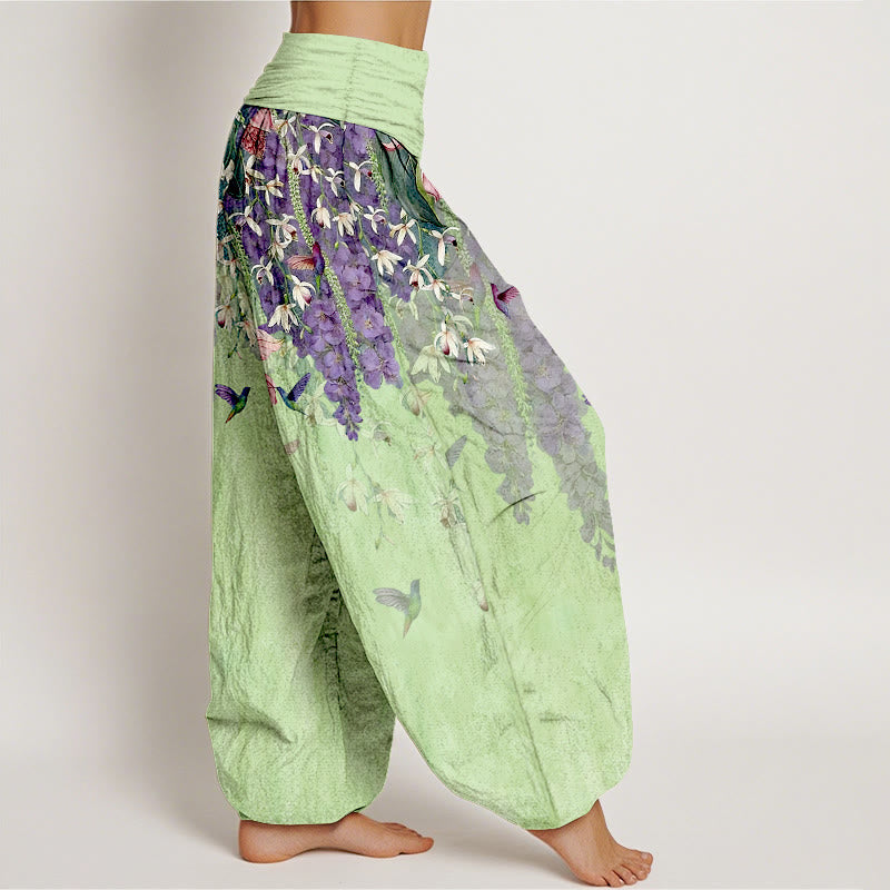 Buddha Stones Pantalon harem femme en pur coton à motif orchidées et oiseaux, taille élastique - image 10