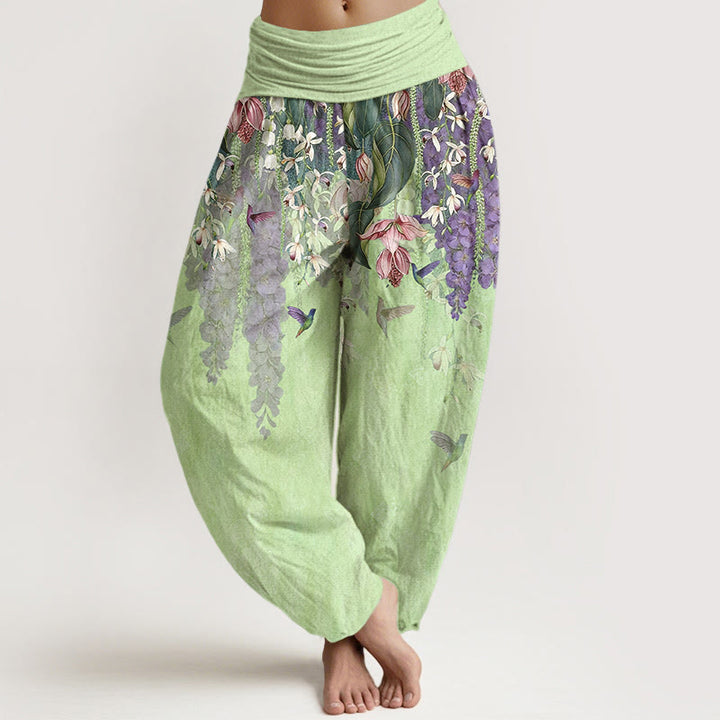 Buddha Stones Pantalon harem femme en pur coton à motif orchidées et oiseaux, taille élastique - Melon miellat - US16，UK/AU20，EU48 (3XL) - image 8