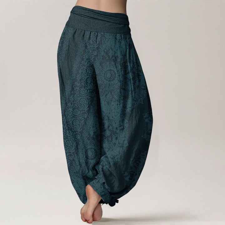 Pantalon Buddha Stones femme en pur coton avec motif mandala et fleurs parallèles, taille élastique - image 7