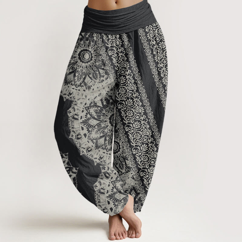 Pantalon Buddha Stones femme en pur coton avec motif mandala et fleurs parallèles, taille élastique - Gris sombre - US22，UK/AU26，EU54 (6XL) - image 0