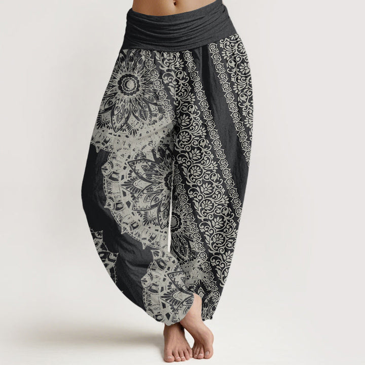 Pantalon Buddha Stones femme en pur coton avec motif mandala et fleurs parallèles, taille élastique - Gris sombre - US22，UK/AU26，EU54 (6XL) - image 0