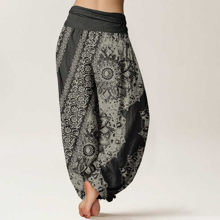 Pantalon Buddha Stones femme en pur coton avec motif mandala et fleurs parallèles, taille élastique - image 1