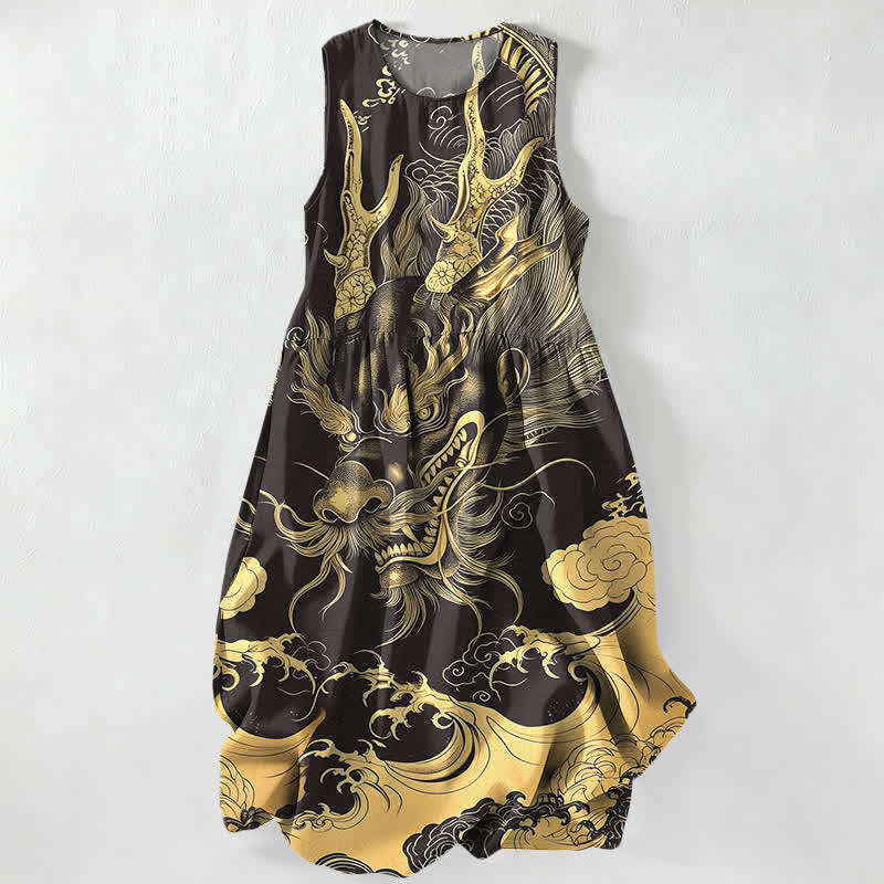 Buddha Stones Robe midi d'été décontractée pour femme, sans manches, à motif de dragon et de nuage d'inspiration orientale, avec poches - Noir - US16，UK/AU20，EU48 (3XL) - image 0