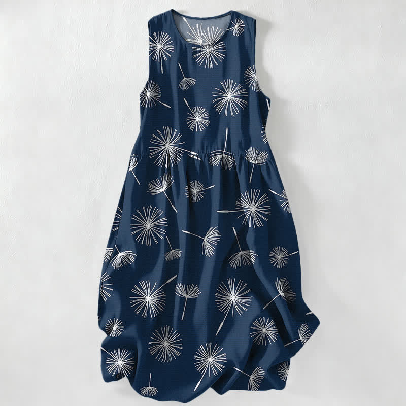Buddha Stones Robe midi d'été décontractée pour femme, à motif pissenlit en fleurs, sans manches et avec poches - Marine - US16，UK/AU20，EU48 (3XL) - image 0