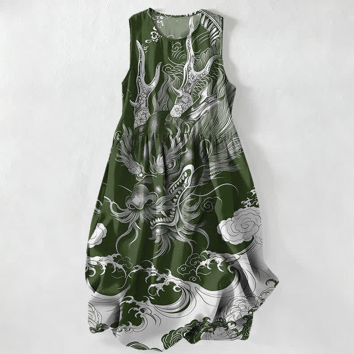 Buddha Stones Robe midi d'été décontractée pour femme, sans manches, à motif de dragon et de nuage d'inspiration orientale, avec poches - Vert olive foncé - US16，UK/AU20，EU48 (3XL) - image 4