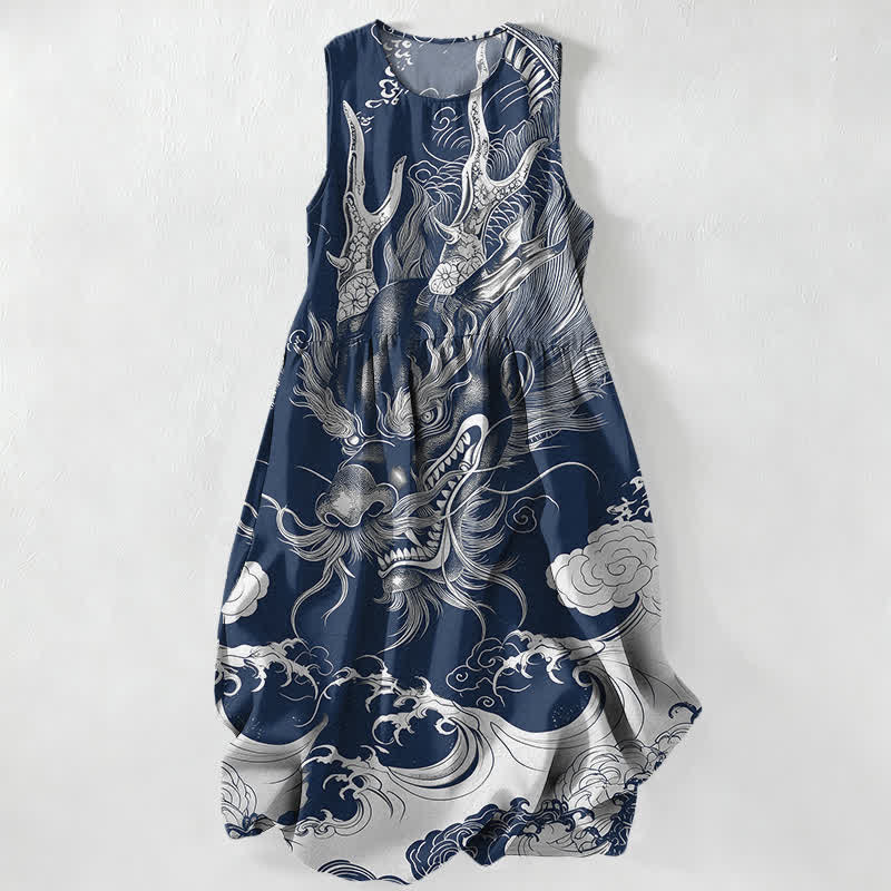 Buddha Stones Robe midi d'été décontractée pour femme, sans manches, à motif de dragon et de nuage d'inspiration orientale, avec poches - Marine - US16，UK/AU20，EU48 (3XL) - image 5