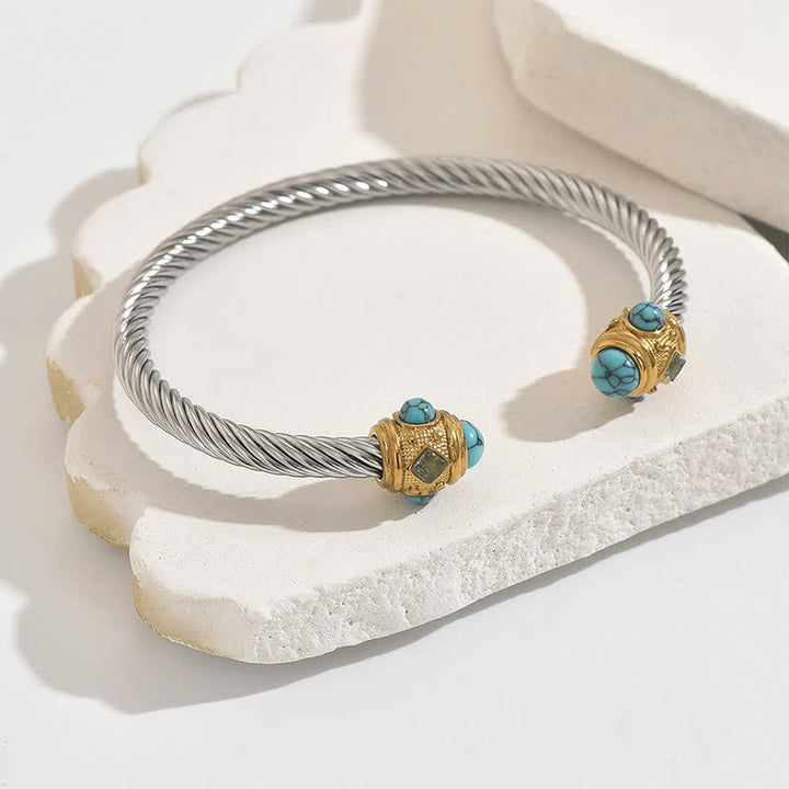 Buddha Stones Bracelet manchette bicolore à spirale énergétique en acier inoxydable - Jaune (Accent turquoise) - image 4