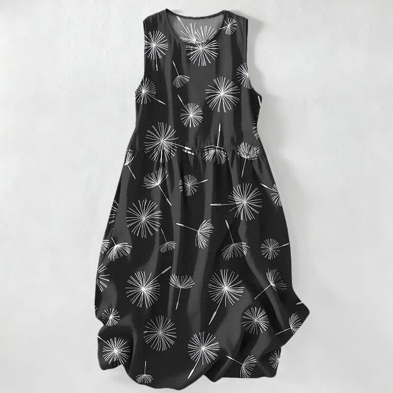 Buddha Stones Robe midi d'été décontractée pour femme, à motif pissenlit en fleurs, sans manches et avec poches - Noir - US16，UK/AU20，EU48 (3XL) - image 4