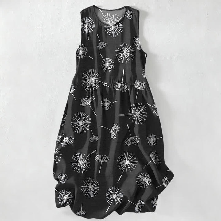 Buddha Stones Robe midi d'été décontractée pour femme, à motif pissenlit en fleurs, sans manches et avec poches - Noir - US16，UK/AU20，EU48 (3XL) - image 4