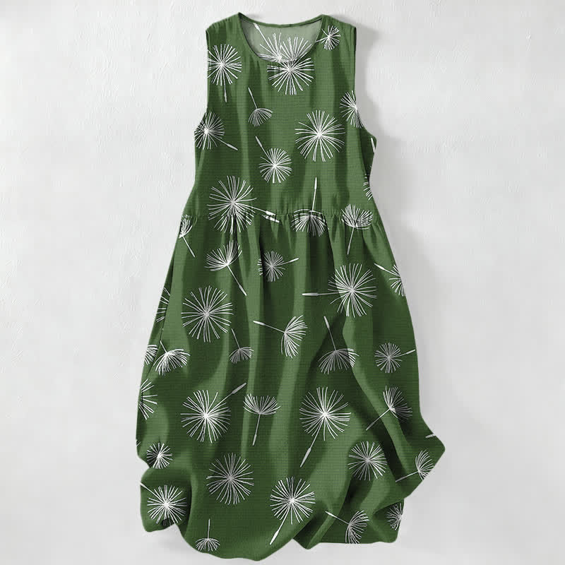 Buddha Stones Robe midi d'été décontractée pour femme, à motif pissenlit en fleurs, sans manches et avec poches - Vert olive - US16，UK/AU20，EU48 (3XL) - image 5