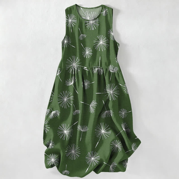 Buddha Stones Robe midi d'été décontractée pour femme, à motif pissenlit en fleurs, sans manches et avec poches - Vert olive - US16，UK/AU20，EU48 (3XL) - image 5